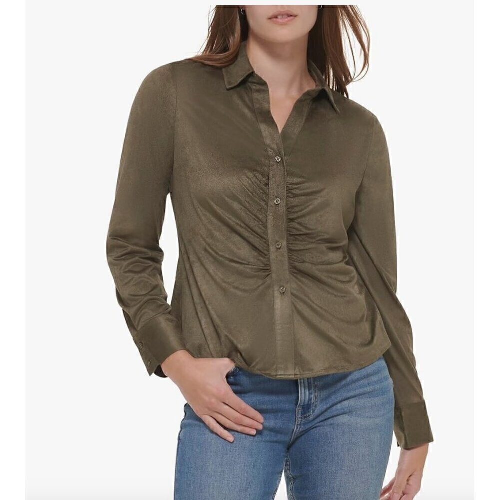 Calvin Klein Collar Soft Sinched Micro Suede 3X Green Western Ranch